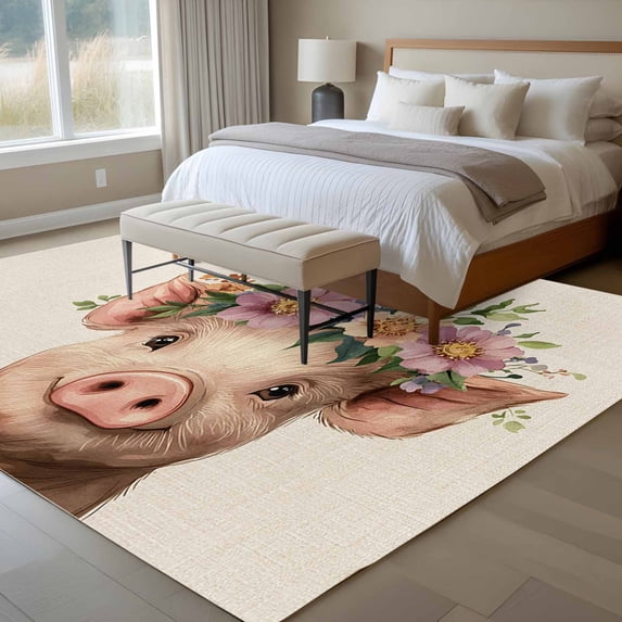 6x9 Washable Area Rug, Pig Non-Slip Large Rectangle Rug for Living Room Dining Room, Welcome Indoor Floor Mat for Home Decor