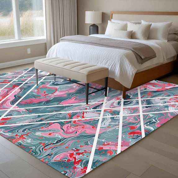 6x9 Washable Area Rug, Pink and Non-Slip Large Rectangle Rug for Living Room Dining Room, Grey Marble Abstract Geometric Contemporary Art Indoor Floor Mat for Home Decor