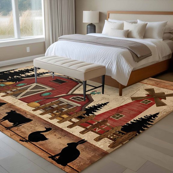 6x9 Washable Area Rug, Red Farmhouse Non-Slip Large Rectangle Rug for Living Room Dining Room, Country Farm Barn Cow Pig Chicken Fence Tree Wood Grain Indoor Floor Mat for Home Decor