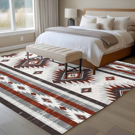 6x9 Washable Area Rug, Red Grey Non-Slip Large Rectangle Rug for Living Room Dining Room, Southwestern Native Aztec Ethnic Style Geometric Indoor Floor Mat for Home Decor