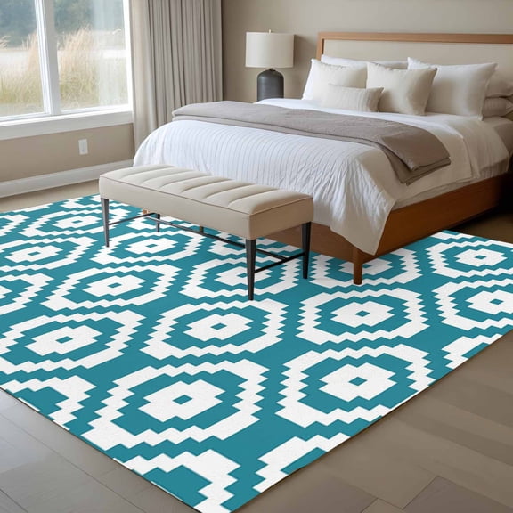6x9 Washable Area Rug, Teal Blue Modern Geometric Non-Slip Large Rectangle Rug for Living Room Dining Room, Abstract Square Indoor Floor Mat for Home Decor