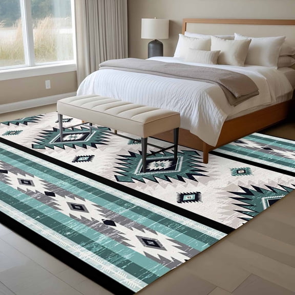 6x9 Washable Area Rug, Teal Green Non-Slip Large Rectangle Rug for Living Room Dining Room, Southwestern Native Aztec Ethnic Style Geometric Indoor Floor Mat for Home Decor