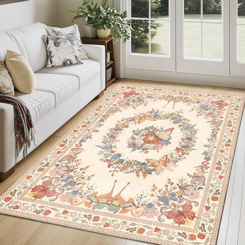6x9 Washable Area Rugs for Living Room, Soft Low Pile Butterfly Insect Printed Throw Rugs with Rubber Backing, Non-Slip Stain Resistant Large Carpet for Bedroom Dining Room Kids Room, Beige