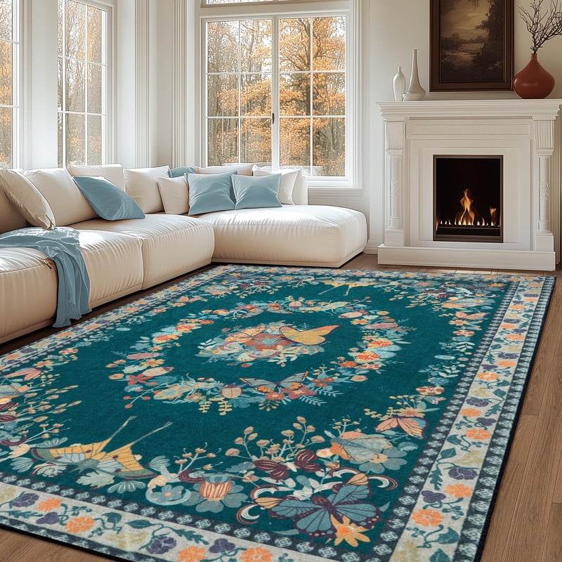 6x9 Washable Dark Green Area Rug for Living Room, Soft Low Pile Butterfly Insect Printed Throw Rugs with Rubber Backing, Non-Slip Stain Resistant Large Carpet for Bedroom Office Dining Girls Room