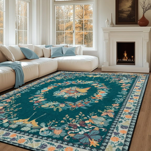 6x9 Washable Dark Green Area Rug for Living Room, Soft Low Pile Butterfly Insect Printed Throw Rugs with Rubber Backing, Non-Slip Stain Resistant Large Carpet for Bedroom Office Dining Girls Room