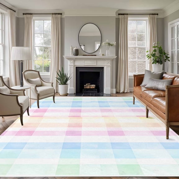 6x9 Watercolor Check Large Area Rug for Living Room, Washable Non Slip Low Pile Soft Large Rug for Bedroom Dining Room, Yellow Pink Blue Green Open Floor Rug