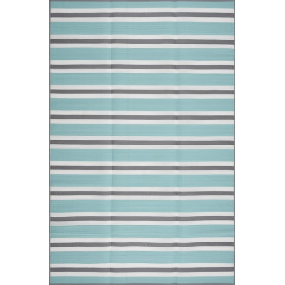 Luna Contemporary Stripe Sky and Gray Polypropylene Reversible Plastic Straw Outdoor Area Rug, 5'11'' x 8'11'' Rectangle