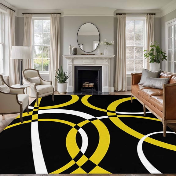 6x9 Yellow Black Geometric Large Area Rug for Living Room, Washable Non Slip Low Pile Soft Large Rug for Bedroom Dining Room, Modern Abstract Lines Open Floor Rug