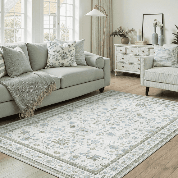 6x9 area rug, retro Bohemian washable rug, for living room, bedroom, dining room, soft anti-slip backing 0.25 "low-pile decorative floor carpet-Green