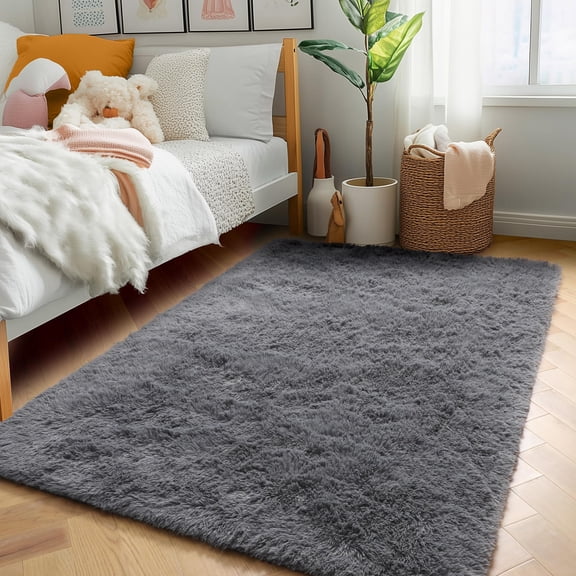 6x9 ft Grey Shag Area Rug Super Soft Plush High Pile Faux Fur Carpet Non Slip Indoor Floor Mat for Living Room Bedroom Playroom Dorm Home Decor Modern Aesthetic Cozy Living Room Carpet