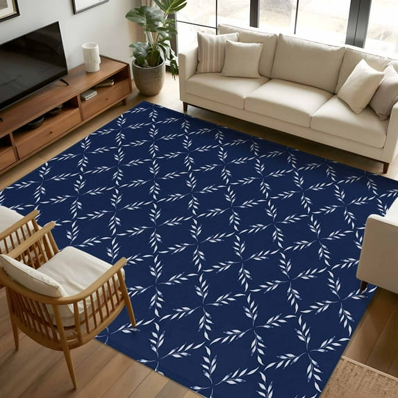 6x9Ft Area Rugs Navy Blue Non-Skid Rubber Backing Large Rectangle Rugs - Living Room Bedroom Home Office, Geometric Leaf Diamond Plaid Abstract Check Indoor Floor Mat Carpets Washable Rug