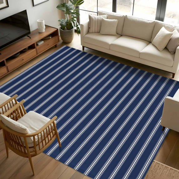 6x9Ft Area Rugs Navy Blue Striped Non-Skid Rubber Backing Large Rectangle Rugs - Living Room Bedroom Home Office, Navy Blue White Farmhouse Stripes Indoor Floor Mat Carpets Washable Rug