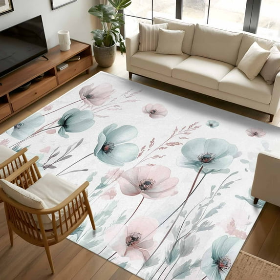 6x9Ft Area Rugs Teal Pink Spring Floral Non-Skid Rubber Backing Large Rectangle Rugs - Living Room Bedroom Home Office, Summer Botanical Watercolor Indoor Floor Mat Carpets Washable Rug