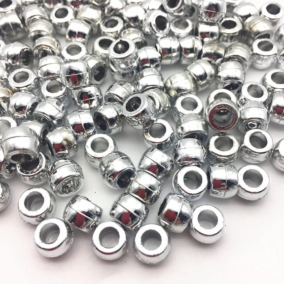 6x9mm Pony Beads, Barrel Shape Plastic Pony Beads for Hair Braids, Jewelry Making, Craft Making, DIY Bracelet, DIY Necklace 250 Pack (Silver)