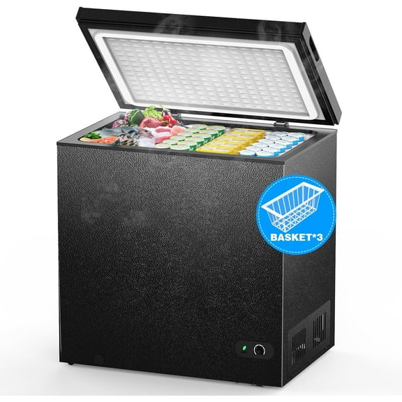 7.0 Cu.Ft Chest Freezer with Removable Basket and Bottom Defrost Water Drain Freestanding Top Open Door, Deep Freezer, Mini Freezer with Adjustable 7 Thermostat for Home/Apartment, Black
