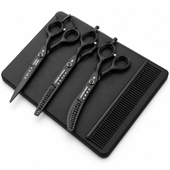 7.0 Inches Professional Dogset Straight & Thinningd Chunkersb 5in 1 For Left-handed Right Handed Black