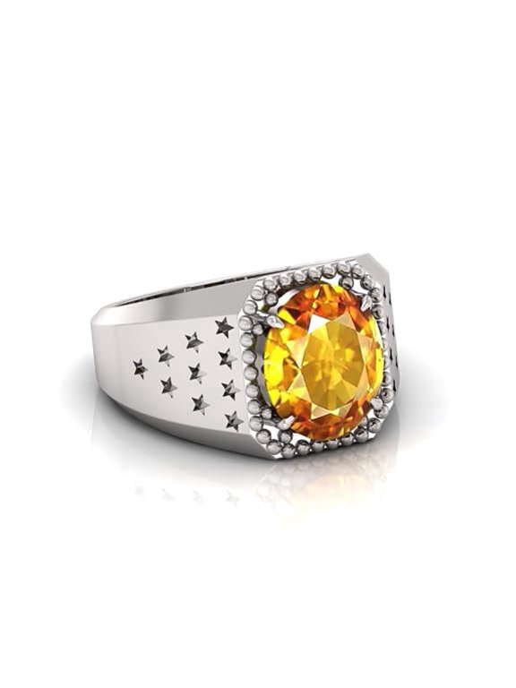 7.00 Ct Natural Yellow Sapphire [Pukhraj] Gemstone September Birthstone Punchdhatu [Brass] Astrological Adjustable Silver Plated Ring For Men's And Women's
