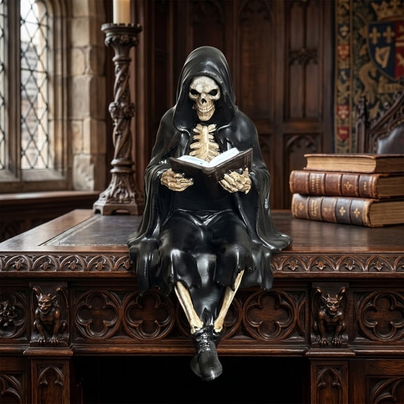 7.09 Inch Hand-Painted Skeleton Reaper Desktop Accent, Halloween Office Desk Figurine, Dark Gothic PC Tower Decor Statue (Skull Cloak, 18cm)