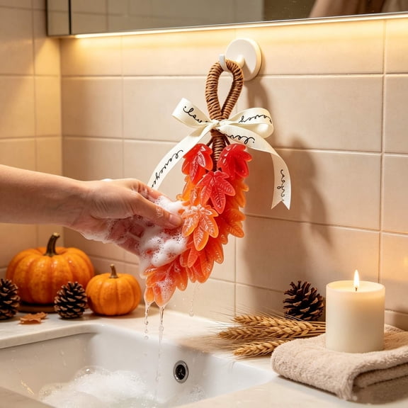 7.09 Inch Hanging Maple Leaf Decorative Soap, Autumn Fall Leaf Shape Handmade Cleanser With Jute Rope, Rustic Thanksgiving Bathroom Wall Decor, Scented Seasonal Soap Garland for Home Cottage Gift