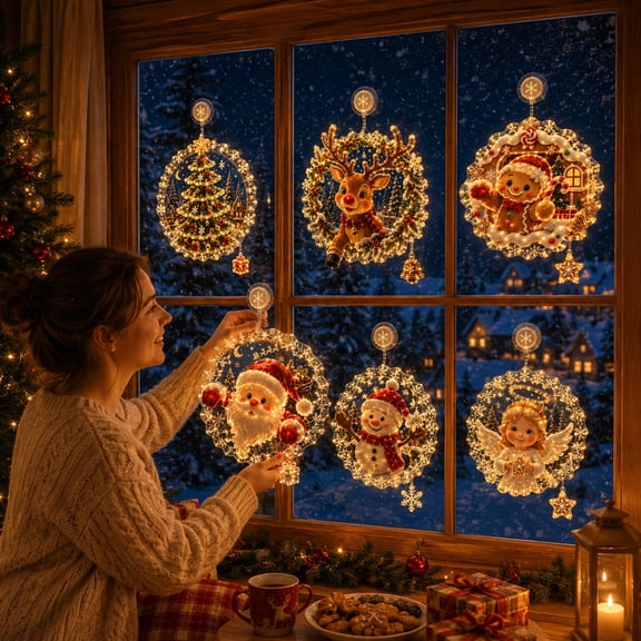 7.09 in Light up Christmas Suction Cup Window Light, Flat Acrylic LED Window Hanging Decor, Warm Fairy Light Holiday Glass Ornament for Home & Shop Window