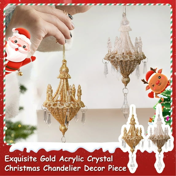 7.09Inch Vintage Gold Chandelier Ornaments Holiday Ornaments for Christmas Tree, Shatterproof Decorations, Assorted Classic Shapes, Elegant Home Decor Accents, 2 Assorted