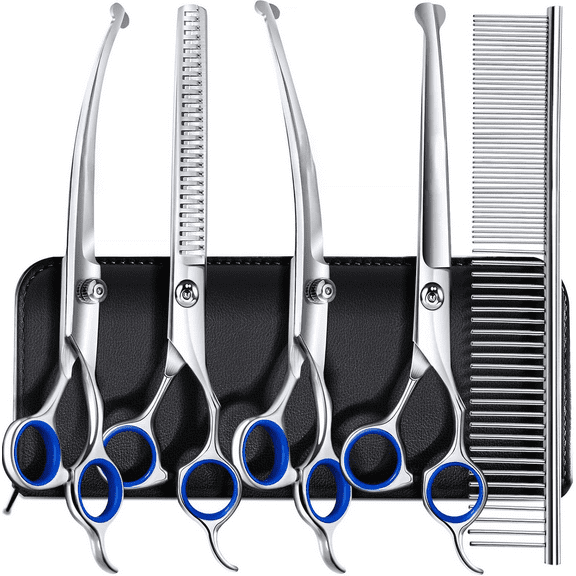 7.0in Professional 4CR Stainless Steel Safety Round Tip 6 in 1 Dog Grooming Scissors Heavy Duty Titanium Coated Pet Grooming Scissor for Dogs, Cats and Other Animals