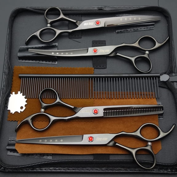 7.0in Professional Dog Grooming Scissors Set Straight Thinning Curved with Comb Black