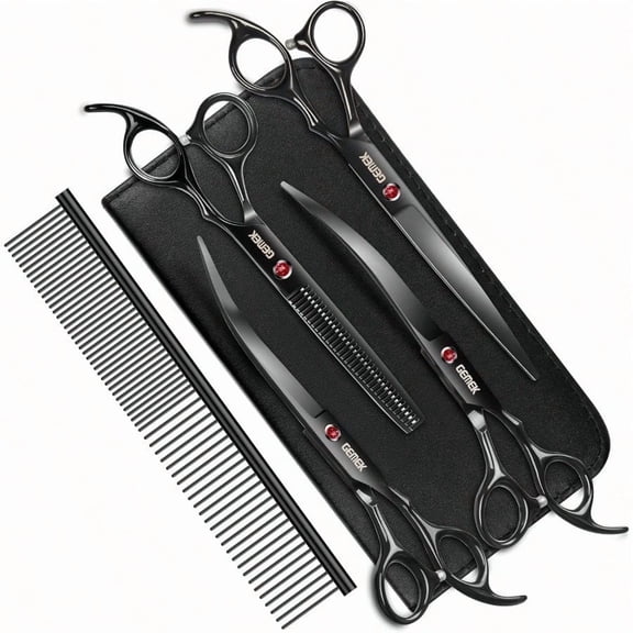 7.0in Titanium Profional Dog Grooming Scissors Set 6 in 1 Straight Thinning Upwards Curved Downwards Curved Scissors Comb for Dogs Cats and Other Animals