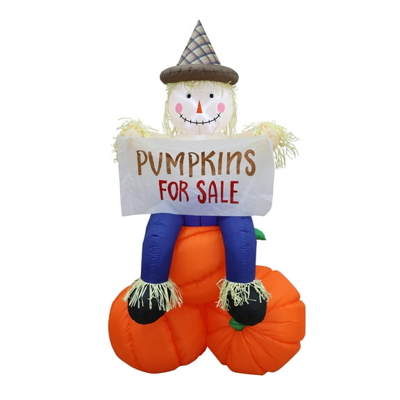 7 1/2' Air Blown Inflatable Thanksgiving Scarecrow sitting on Pumpkin w/ Banner