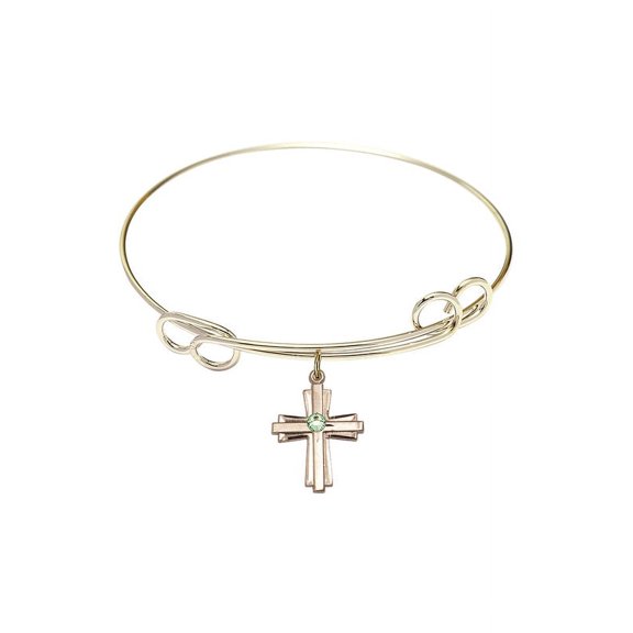7 1/2 inch Round Double Loop Bangle Bracelet w/ Cross medal charm w/ August Green Swarovski Crystal