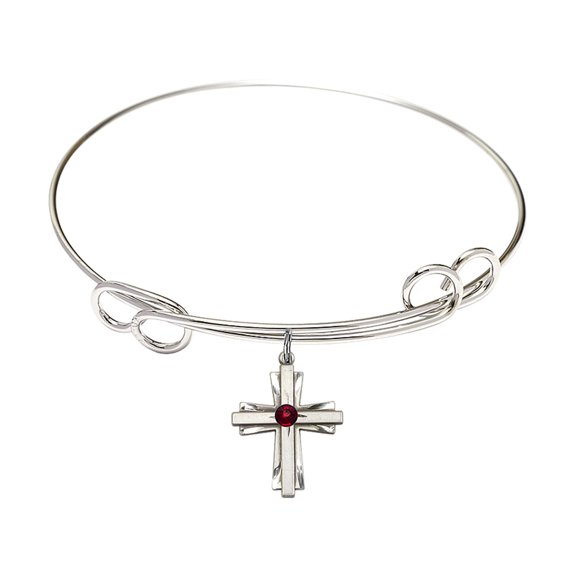 7 1/2 inch Round Double Loop Bangle Bracelet w/ Cross medal charm w/ January Red Swarovski Crystal