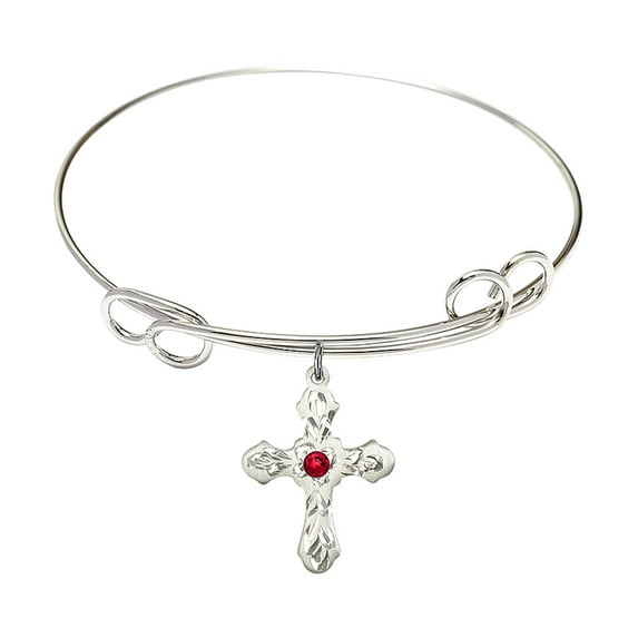 7 1/2 inch Round Double Loop Bangle Bracelet w/ Cross medal charm w/ July Red Swarovski Crystal