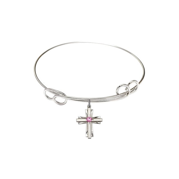 7 1/2 inch Round Double Loop Bangle Bracelet w/ Cross medal charm w/ Rose Swarovski Crystal