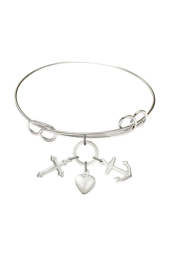 7 1/2 inch Round Double Loop Bangle Bracelet w/ Faith Hope & Charity in Sterling Silver