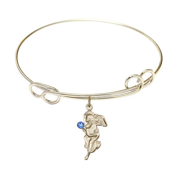 7 1/2 inch Round Double Loop Bangle Bracelet w/ Guardian Angel medal charm w/ September Blue Swarovski Crystal