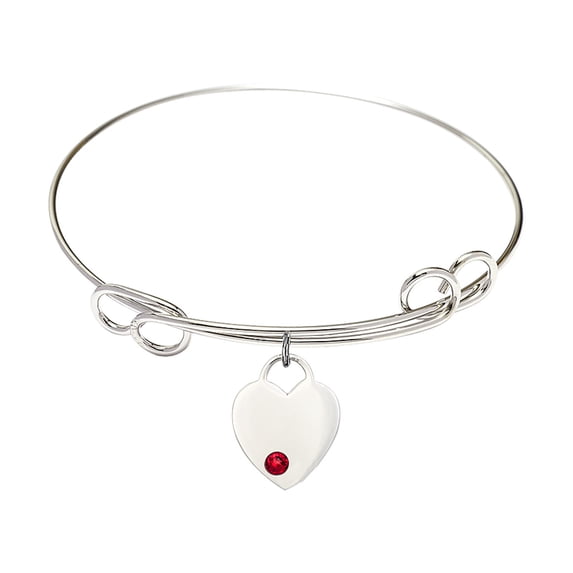 7 1/2 inch Round Double Loop Bangle Bracelet w/ Heart medal charm w/ July Red Swarovski Crystal