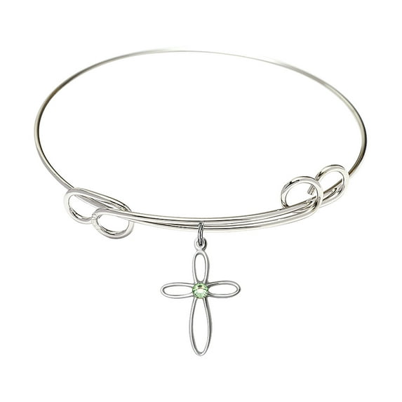 7 1/2 inch Round Double Loop Bangle Bracelet w/ Loop Cross medal charm w/ August Green Swarovski Crystal