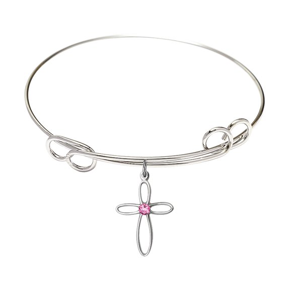 7 1/2 inch Round Double Loop Bangle Bracelet w/ Loop Cross medal charm w/ Rose Swarovski Crystal