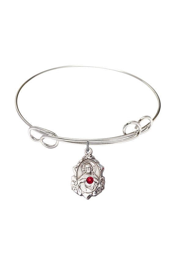7 1/2 inch Round Double Loop Bangle Bracelet w/ Scapular medal charm w/ July Red Swarovski Crystal