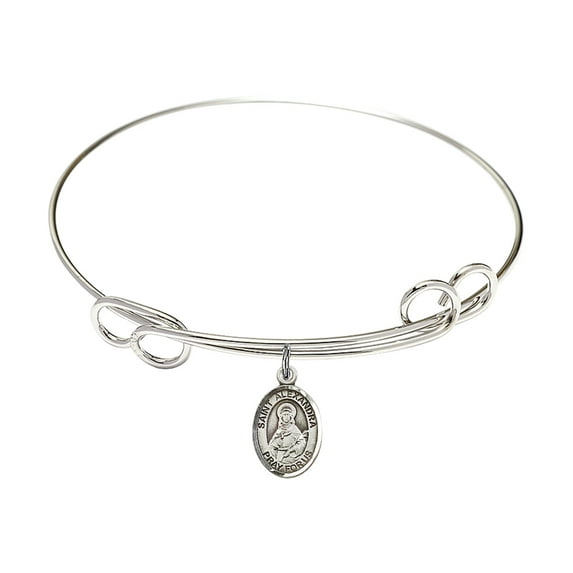 7 1/2 inch Round Double Loop Bangle Bracelet w/ St. Alexandra in Sterling Silver