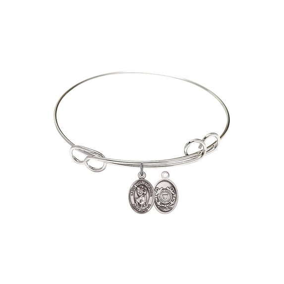 7 1/2 inch Round Double Loop Bangle Bracelet w/ St. Christopher/Coast Guard in Sterling Silver