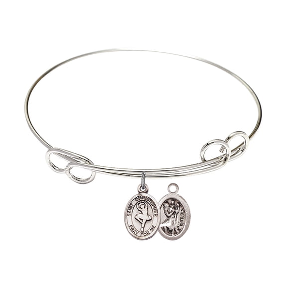 7 1/2 inch Round Double Loop Bangle Bracelet w/ St. Christopher/Dance in Sterling Silver