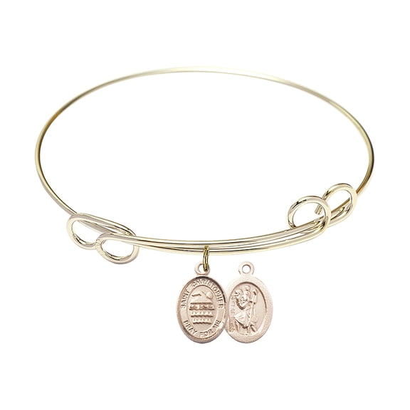 7 1/2 inch Round Double Loop Bangle Bracelet w/ St. Christopher/Swimming in Gold-Filled