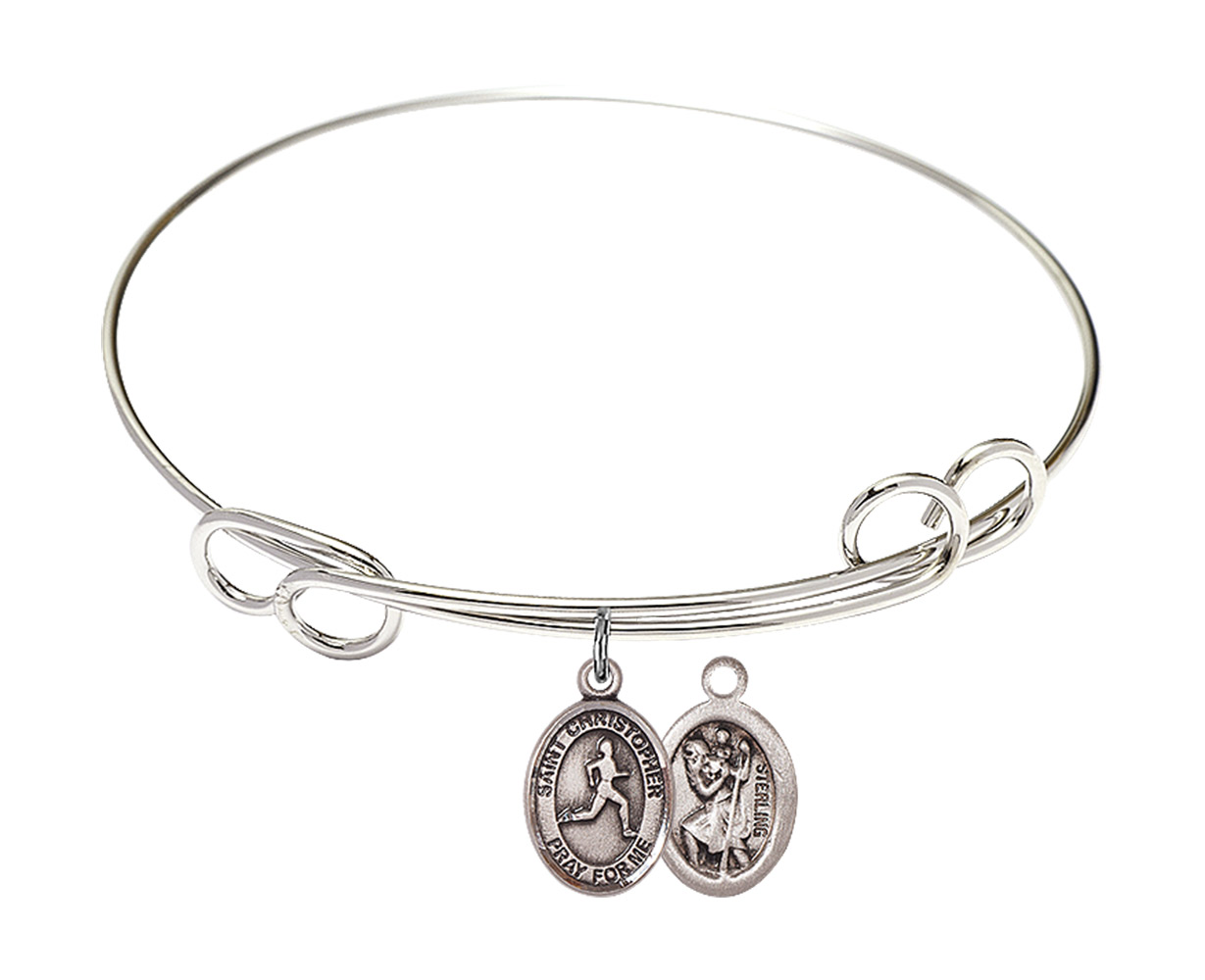 7 1/2 inch Round Double Loop Bangle Bracelet w/ St. Christopher/Track & Field in Sterling Silver