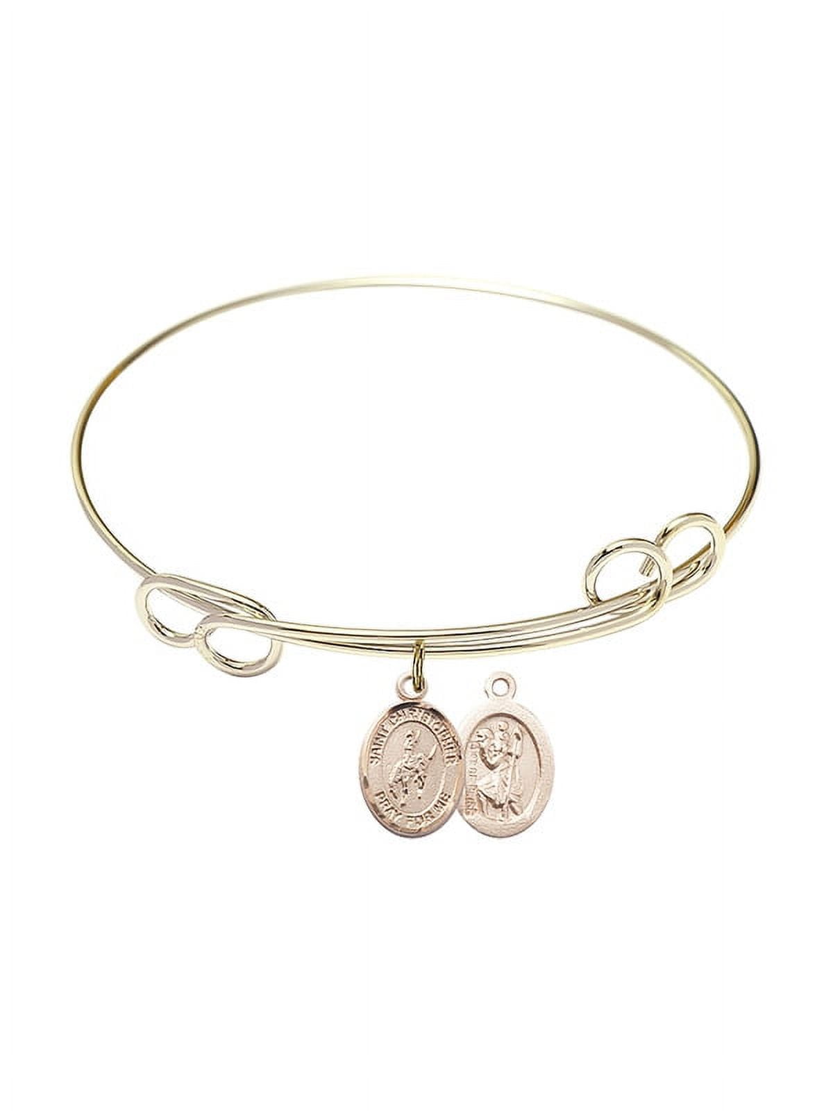 7 1/2 inch Round Double Loop Bangle Bracelet w/ St. Kateri/Equestrian in Gold-Filled