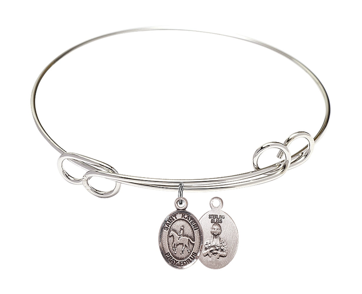 7 1/2 inch Round Double Loop Bangle Bracelet w/ St. Kateri/Equestrian in Sterling Silver