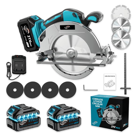 7-1/4 Inch Cordless Circular Saw Kit, Lithium-Ion Powered, Includes 2 Rechargeable Batteries, Charger, Accessories and Paper Box Packaging