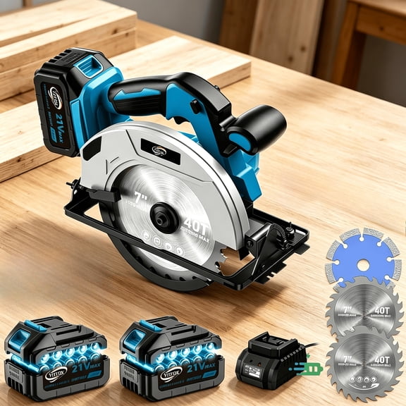 7-1/4 Inch Cordless Circular Saw Kit, Lithium-Ion Powered, Includes Rechargeable Batteries, Charger, Accessories and Paper Box Packaging