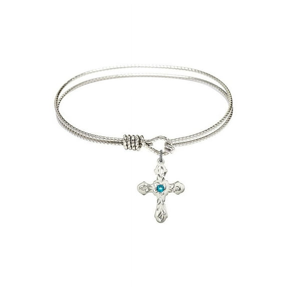 7 1/4 inch Oval Eye Hook Bangle Bracelet w/ Cross medal charm w/ December Blue Swarovski Crystal