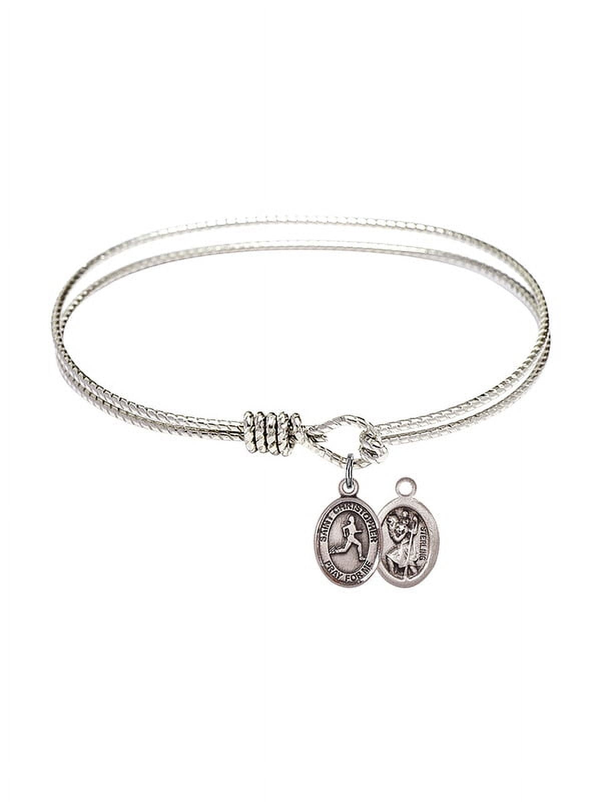 7 1/4 inch Oval Eye Hook Bangle Bracelet w/ St. Christopher/Track & Field in Sterling Silver